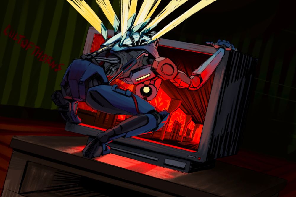 v1 from ultrakill crawling into a large box television, rather than a hard surface the screen is a doorway into a hallway with red walls and wooden doors, ceiling, and floor. the television is sat on a wooden shelf stand in a dark room with green striped wallpaper and reddish wooden floorboards. 