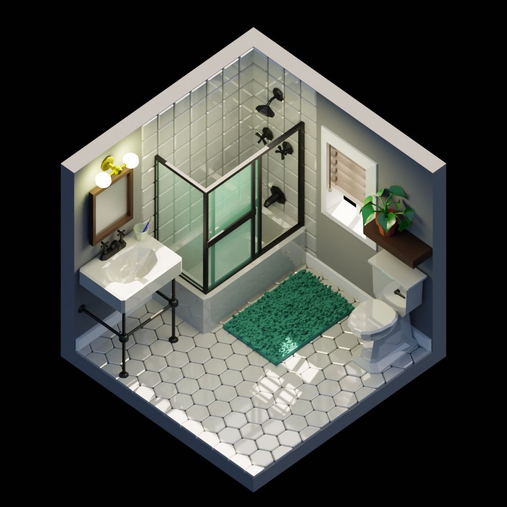 a 3D-rendered bathroom in a cute, chunky game-like style