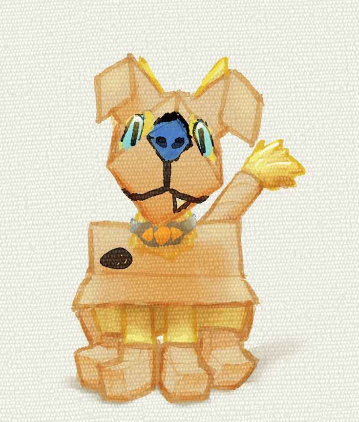 A forward facing drawing of Ruff Ruff Yellow from Ruff Ruff Danger Dogs.