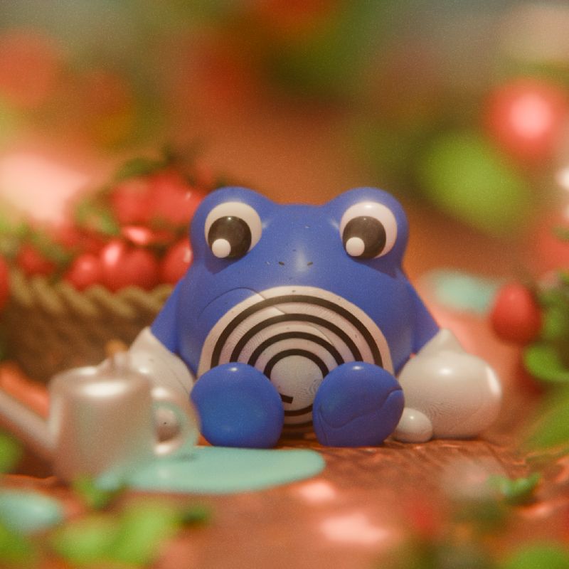 poliwhirl, taking a rest in a field of strawberries. he is looking directly at a watering can, while a large basket of strawberries are peeking out behind him.