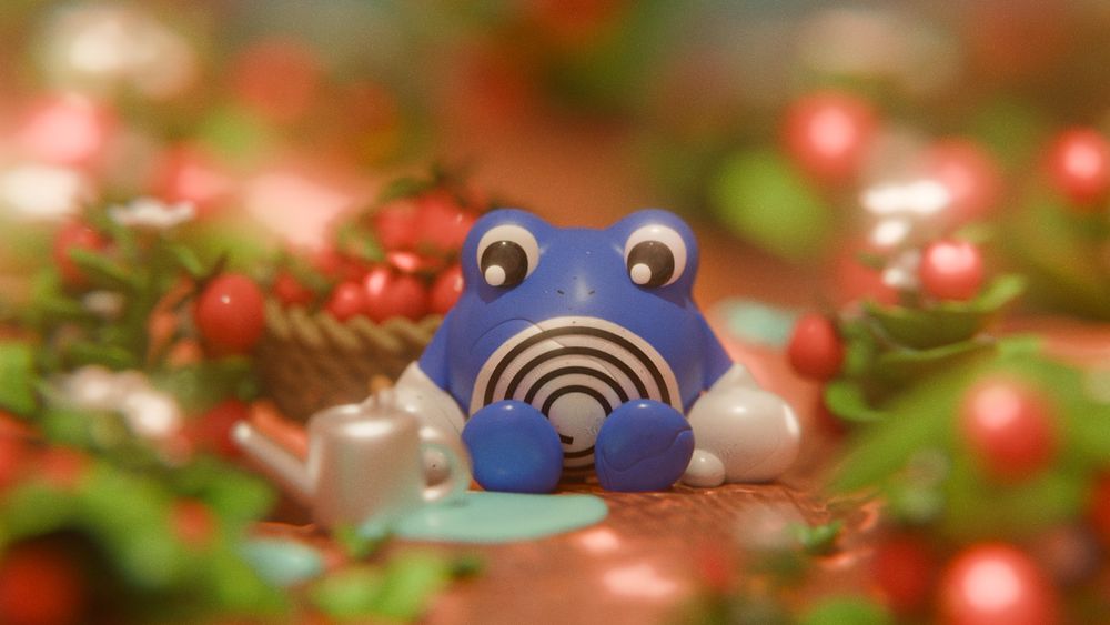 3d render of poliwhirl sitting down in a large, sunlit patch of strawberries (or i guess maybe they can pass as tomatoes...), staring at a watering can next to him. behind him is a large basket of strawberries that he is going to take home!