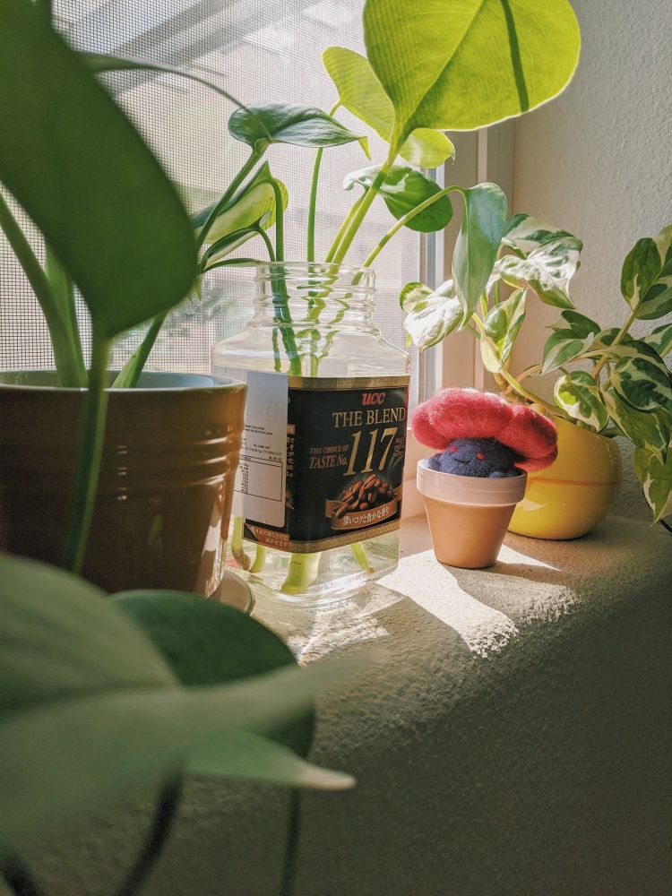 a needle felted vileplume sits in a tiny plant pot. it is posed to look like it's basking in the sunlight; there are a variety of other small plants in pots and containers surrounding it.