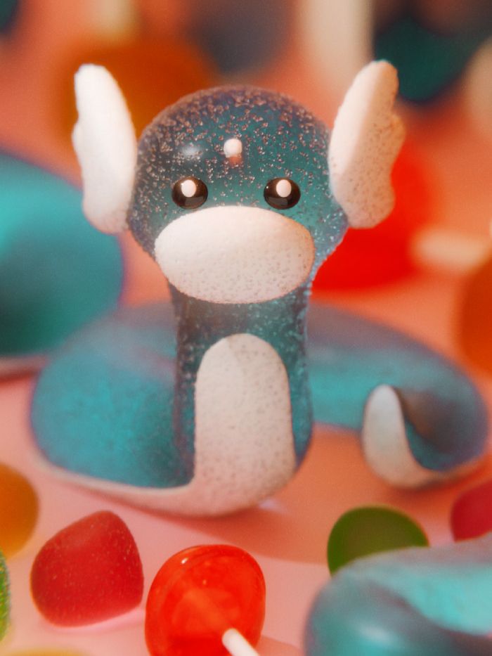 3d render of a dratini that looks like it has a gummy, translucent texture. the surface is also scattered with sugar crystals. surrounding it are gum drops, a lollipop, and a few other dratini in the background.