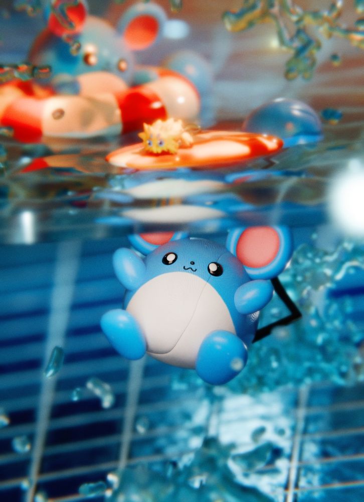 3d render of a marill that just dove into the pool. its tail is floating behind it and under the water, it is looking at a joltik who is floating on top of a small kickboard. behind the two is another marill, who is floating on a inflatable swim ring, looking curiously.