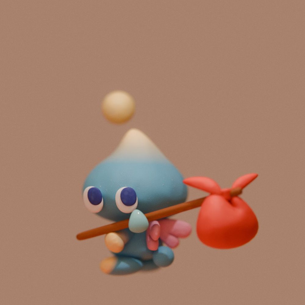 a 3d modeled chao with a little bindle looking really sad with a teardrop in one eye. it is looking up at you with really round eyes in a half-turn. your chao will have a happy life in a faraway forest. you will never see your chao again.