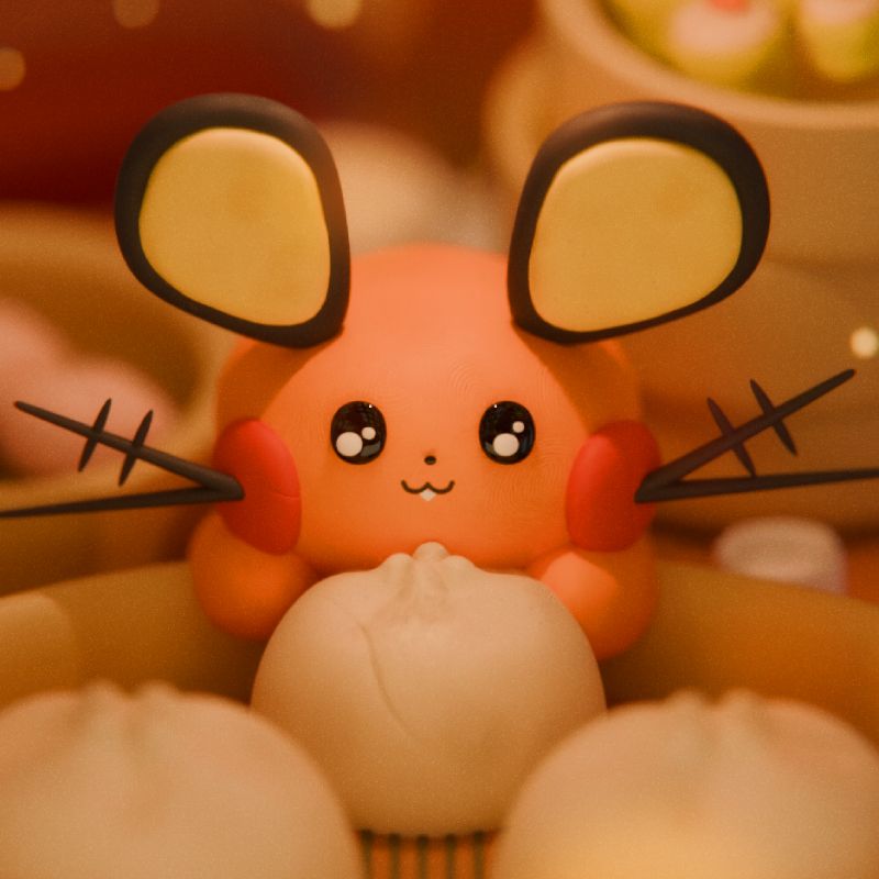 close-up render of dedenne looking at a steamed bun tray. it is holding onto one steamed bun, ready to take a bite. there are several other bamboo trays in the background, with har gao and siu mai in the background.