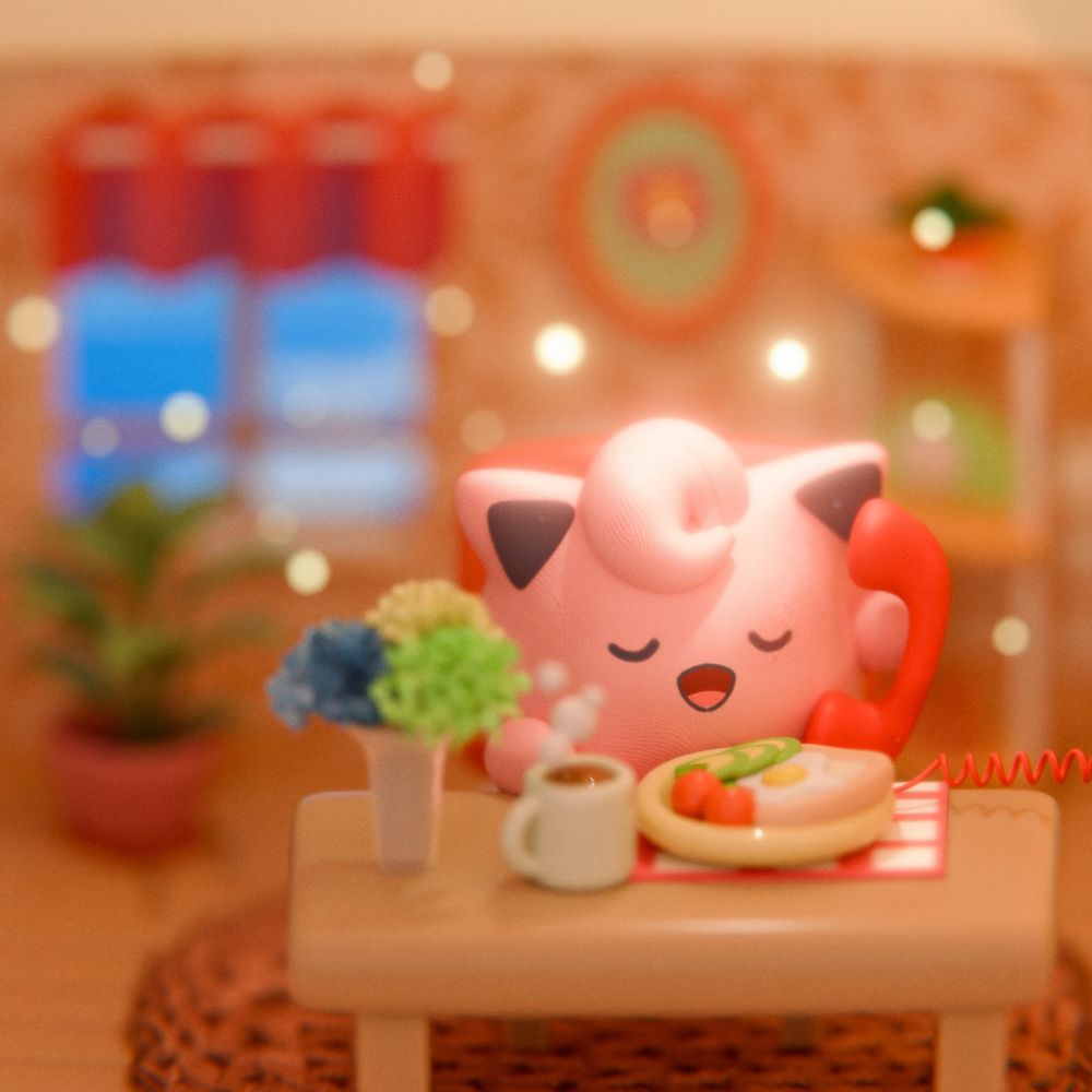 a model of jigglypuff in a bright and warmly lit room. she has her eyes closed, talking on the phone, with a nutritious breakfast on the table.