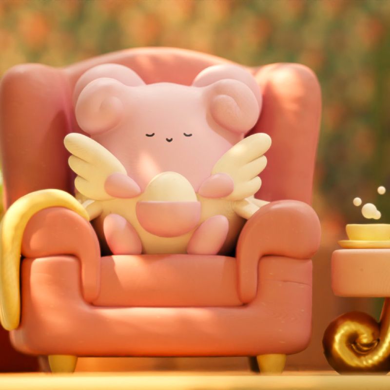 blissey sitting in a sunlit room, napping on a giant couch. a cup of steaming tea is next to her on a coffee table.