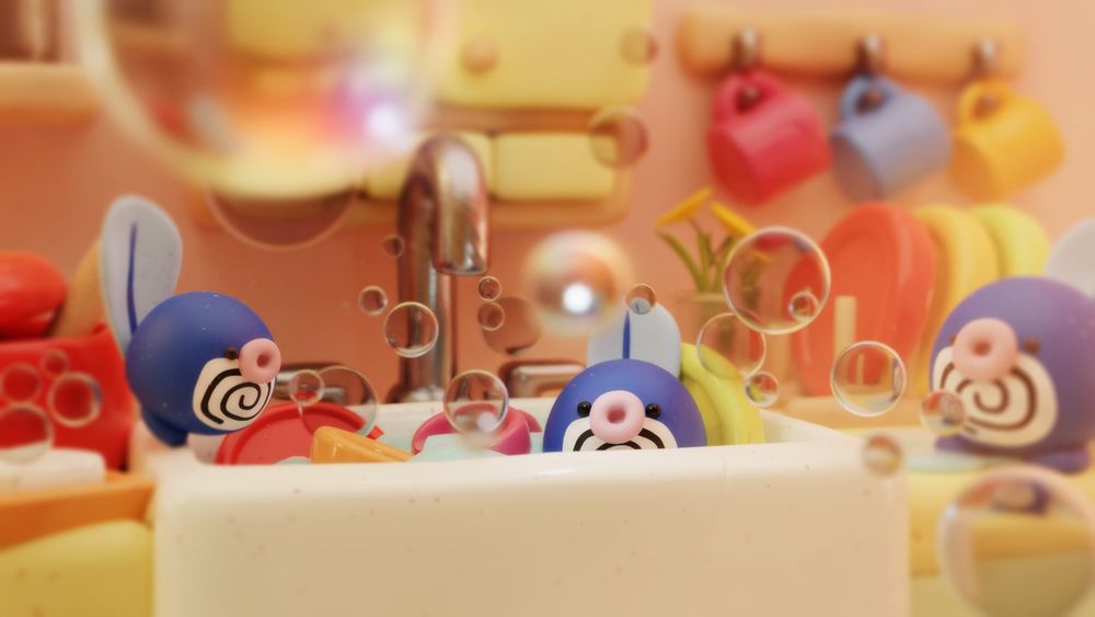 three poliwags helping out with the dishes. there are bubbles floating about, and one poliwag is floating in the sink with some colorful dishes and mugs. who knows if they're helping or if they're just enjoying some playtime in the water?