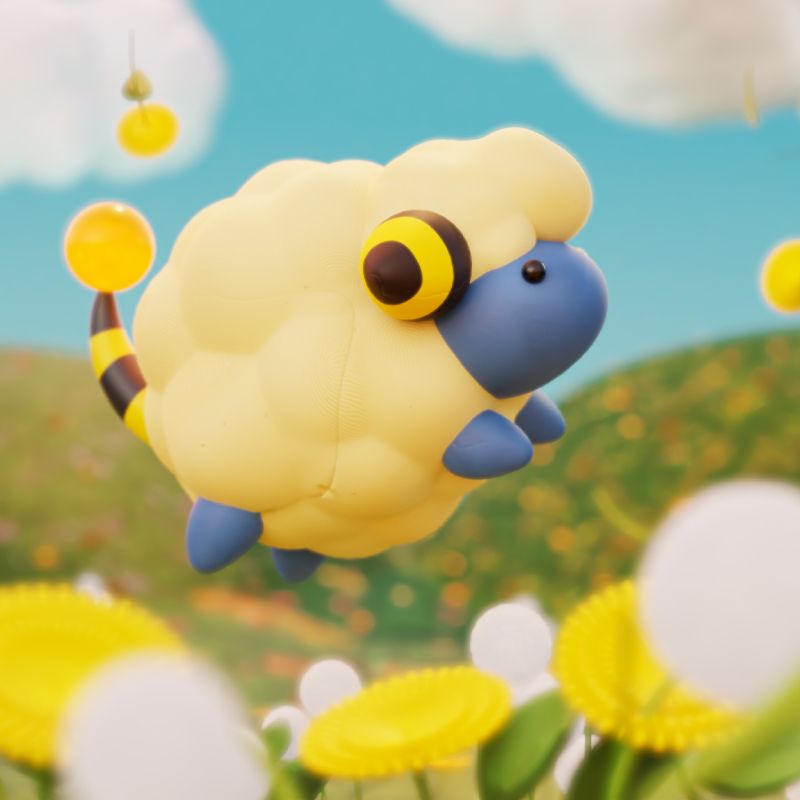 a mareep jumping up from a field of dandelion flowers in a bright, sunny day. hills of flowers are out of focus, behind mareep.
