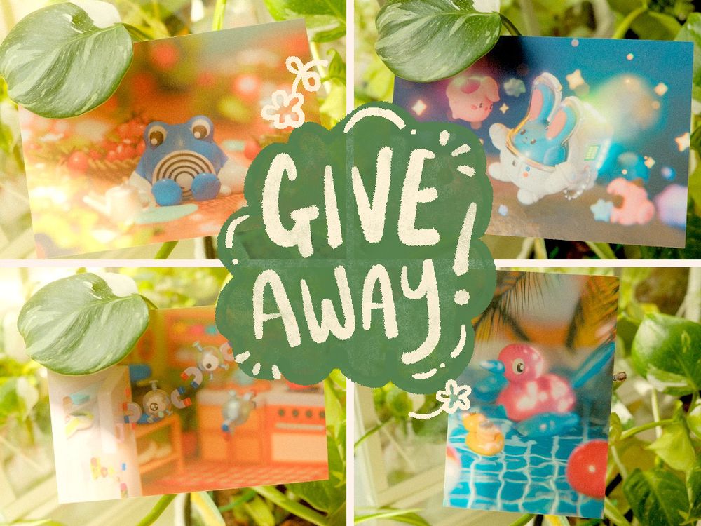 photos of 4 different postcards featuring pokemon. the first one depicts poliwhirl in a field of strawberries. the second one depicts azumarill in space, surrounded by cleffa. the third one depicts magnemite stuck on a fridge door, and the fouth one depicts porygon2 floatin in a pool. each postcard measures 4" x 6".