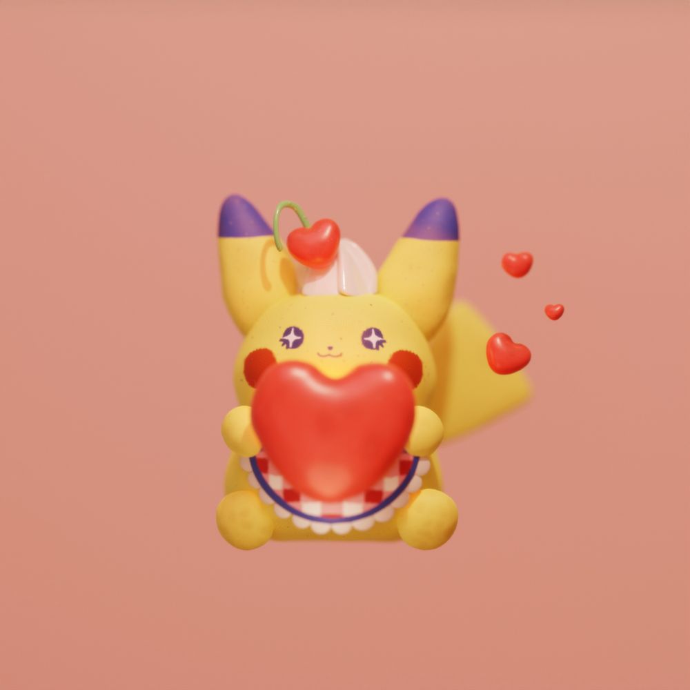 Morozoff Pikachu modeled in Blender. He's wearing a red and white gingham apron with rounded white frills, and has a little whipped cream and heart-shaped cherry on top of his head. Pikachu has stars in his eyes and is holding up a giant heart. He is a sweet boi I am sure