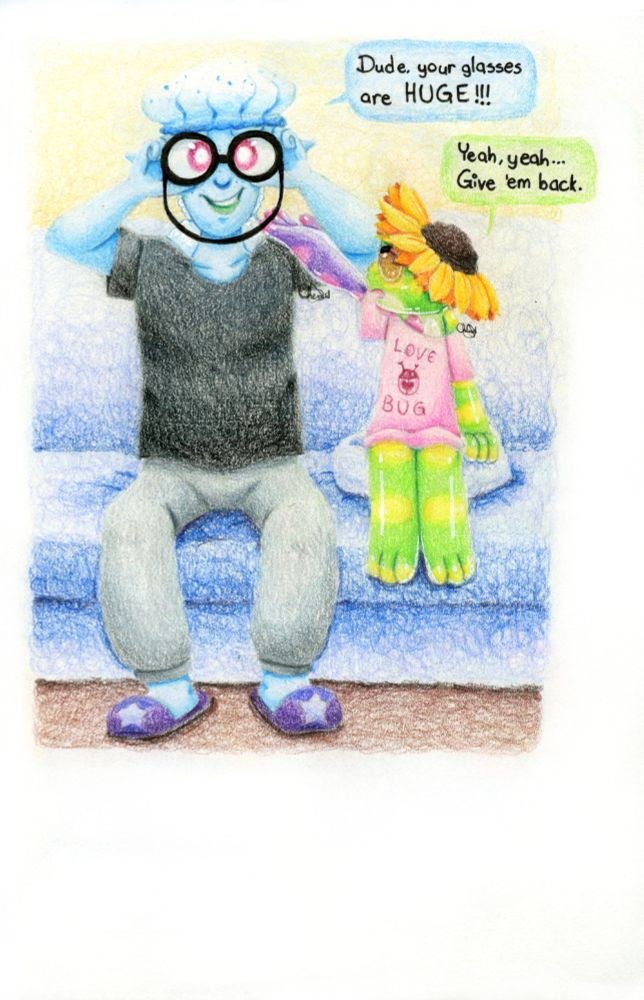 Sola and Olí sit on a couch together. Olí is grinning while wearing Sola's glasses saying "Dude, your glasses are HUGE!!!" with a mildly annoyed Sola responding and reaching up to him saying "Yeah, yeah... Give 'em back."

Sola is a small, green anthro glass frog with yellow spots, golden brown eyes, and a sunflower attached to her head. Her right arm is purple with pink tips and spots. She's wearing an oversized tshirt that says "Love Bug" on it with some ladybug art.

Olí is a tall elf with blue freckled skin, a white bell with blue freckles/stripes, white coily hair in a ponytail, and magenta eyes. He's wearing a black tshirt, gray sweatpants, and blue-indigo slippers.
