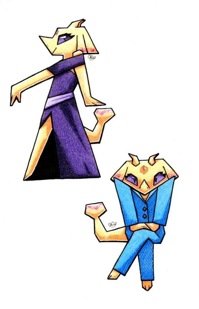 Celline is a Kobold with cream skin that's semi-translucent like aspic. She has an orange-red eyeball that floats in the middle of her forehead and a purple severed hand that floats in her chest mirroring the movement of her actual right hand. She has red pearls floating in her head-appendages and her jello-mold shaped tail. She had purple eyes and thick black eyelashes.

She is drawn very angular and stylized here.

1st doodle: A side-view of Celline in a purple dress with a slit in the leg area. There's a lighter purple band around the waist. She is smiling and posing with one hand outstretched and one to her side.

2nd doodle: A front-view of Celline sitting with her legs crossed. She's wearing a sky blue suit with silver buttons. Her face is shaded in an intimidating way with her pupils being pointy slits.