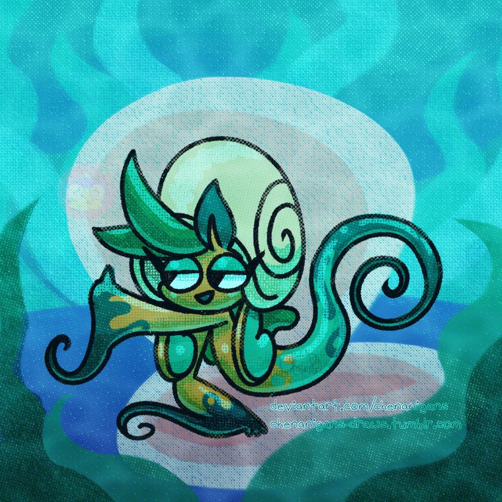 Elloe is an anthro sea snail. She has a big tan shell on her head, teal leaf-like antennae, green seaweed bangs poking out her shell, and seaweed hair at the back. She has big floppy orange and teal ear-like appendages hanging at the sides of her head. She has teal eyelids and a relaxed and happy expression. Her skin is mostly orange save for her tail and arms that have wavy navy and teal patterns on them.

She is sitting in a big, pink clam that's surrounded by teal seaweed. She is giving a thumbs up.