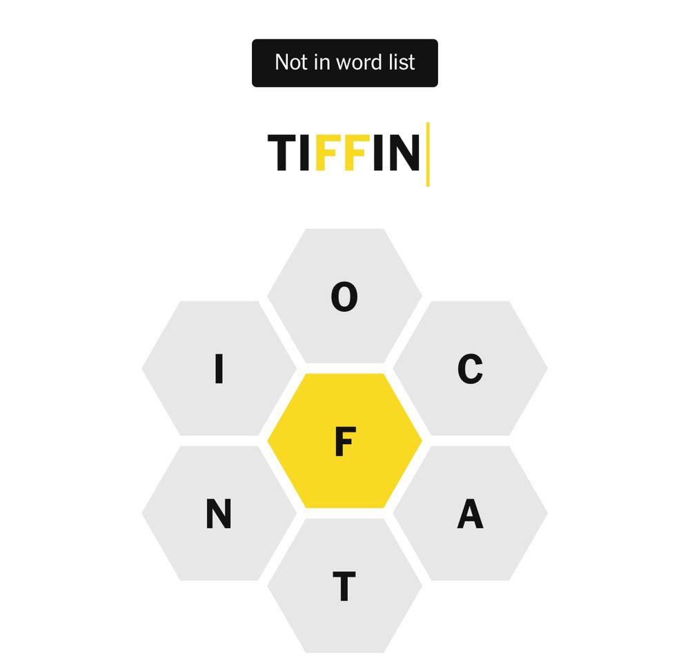 Spelling Bee game shows the word "tiffin" as not in the word list