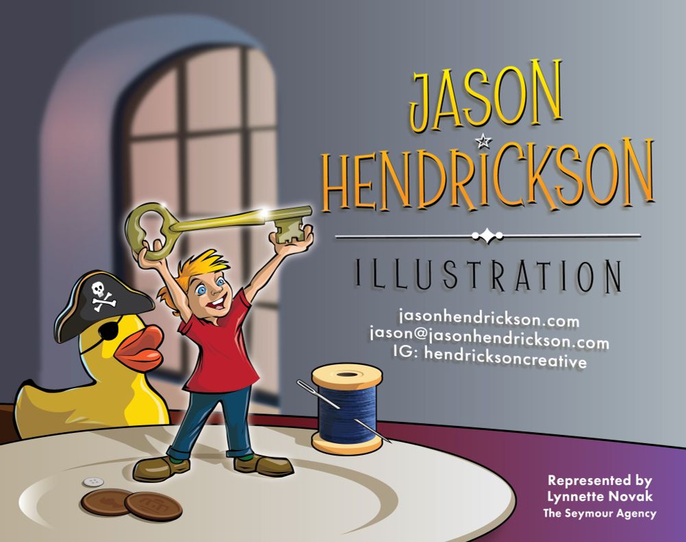 A small human holds up a golden key while standing on a plate with coins, thread and a pirate duck. a window is blurred in the background.