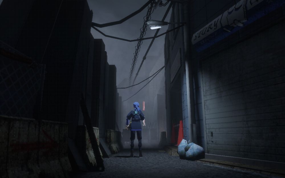Screenshot from the game Nightmare Operator depicting a foggy street at night. The protagonist is center screen with something that looks like a futuristic barricade on the left.
