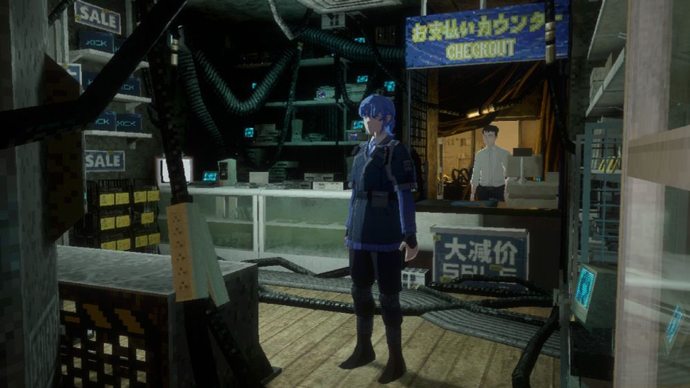 Screenshot of Misha, the main character of Nightmare Operator, standing in what appears to be a workshop. This is one of four screenshots in the same environment.