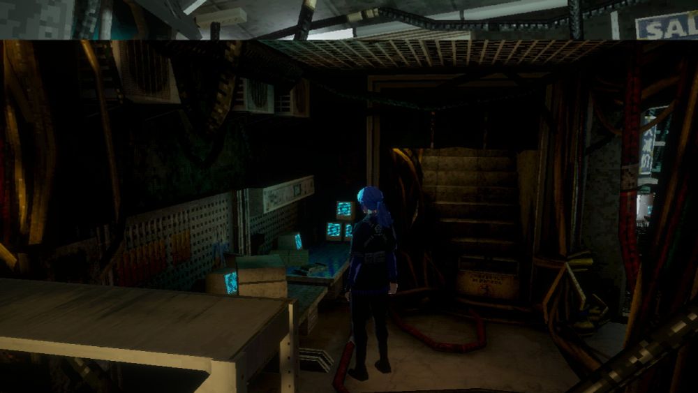 Screenshot of Misha, the main character of Nightmare Operator, standing in what appears to be a workshop. This is one of four screenshots in the same environment.