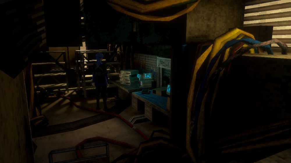 Screenshot of Misha, the main character of Nightmare Operator, standing in what appears to be a workshop. This is one of four screenshots in the same environment.