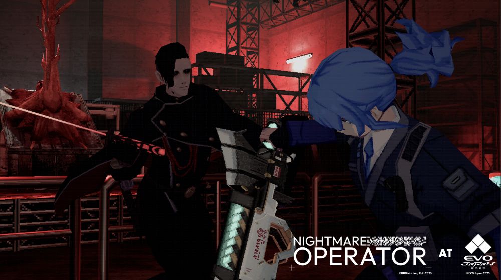 Image depicting a swordfight between two characters from the game NIGHTMARE OPERATOR and the logos for NIGHTMARE OPERATOR and EVO Japan 2025 in the bottom right hand corner.