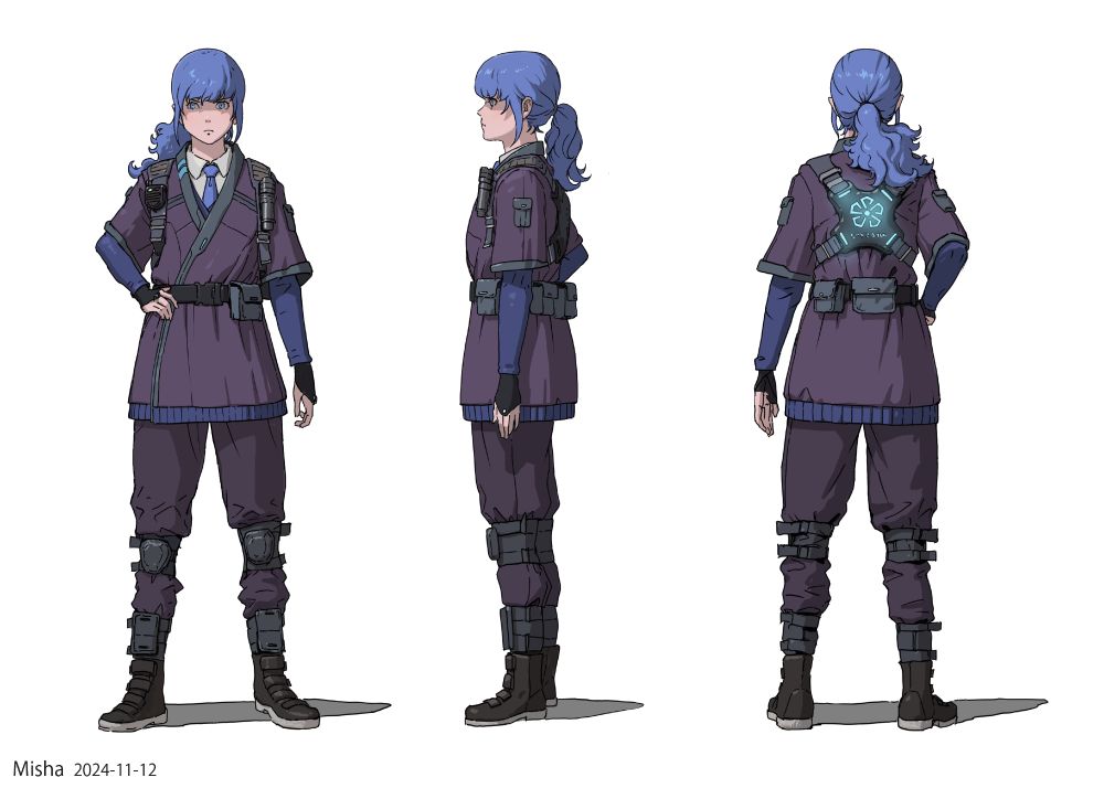 Character design for Misha, the protagonist of Nightmare Operator. She has blue hair in a ponytail, and wears a uniform that somewhat resembles a suit. 