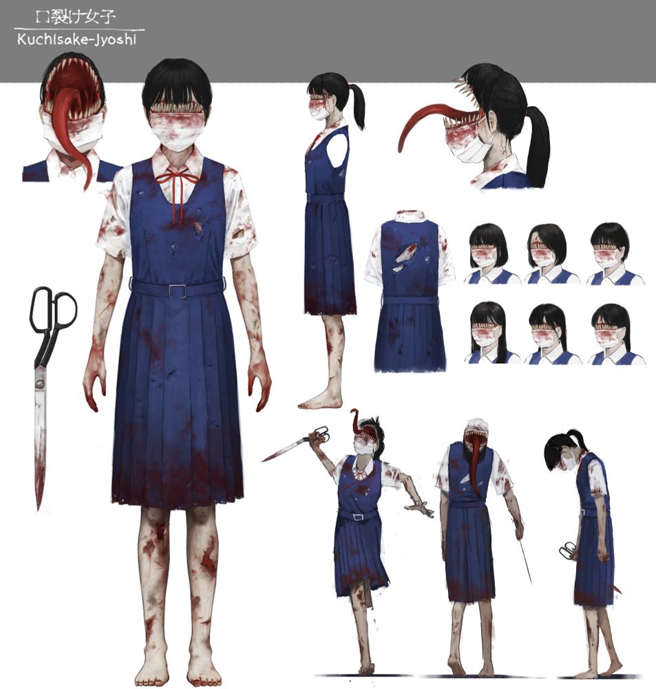 The setting image for the Kuchisake-Jyoshi enemy from Nightmare Operator. It is a creature that resembles a schoolgirl, but wields a fearsome, large pair of scissors and has a giant mouth lined with razor teeth where its eyes should be.