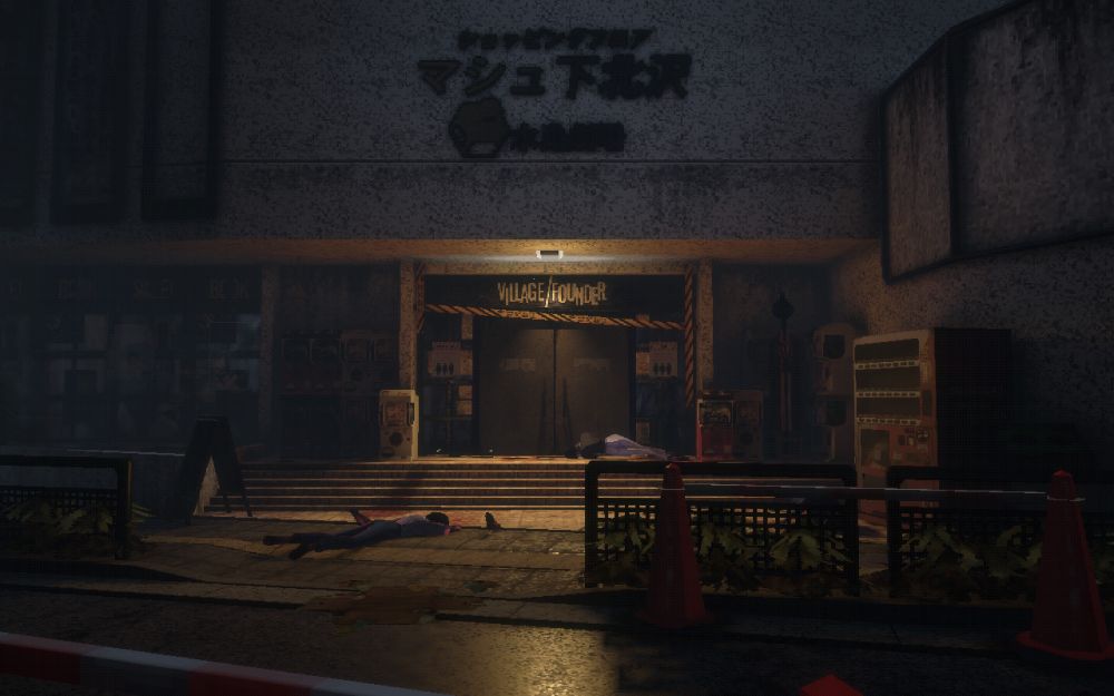 Screenshot from the game Nightmare Operator depicting the front of a building a night. A variety of corpses are seen in front of the building.