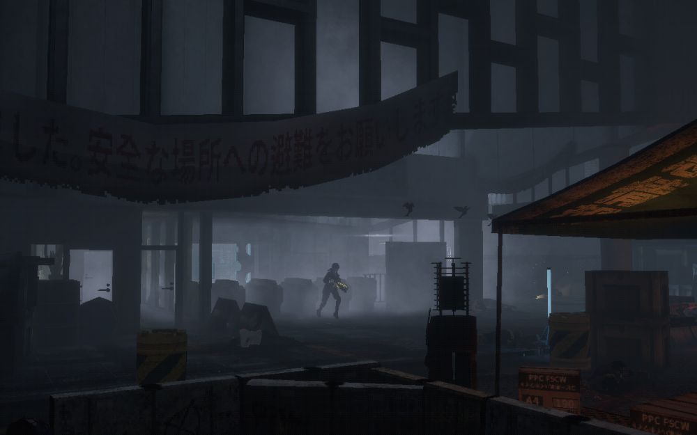 Screenshot from the game Nightmare Operator depicting a foggy building facade at night. The protagonist is seen exiting a Tokyo train station.