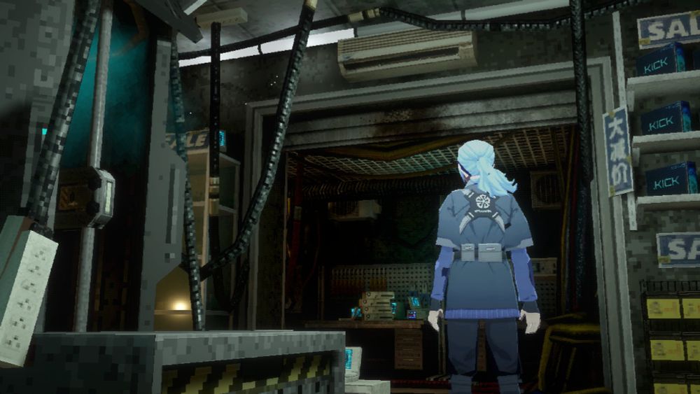 Screenshot of Misha, the main character of Nightmare Operator, standing in what appears to be a workshop. This is one of four screenshots in the same environment.