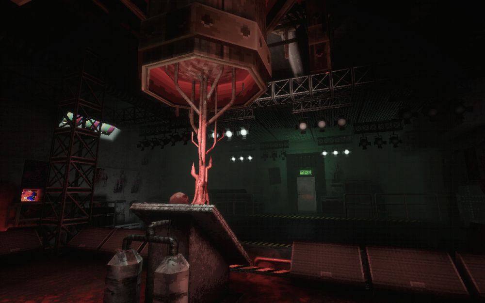 Screenshot from the game Nightmare Operator depicting sine sort of dimly lit stage, which some sort of eldritch horror blossoming out of a machine in the center.