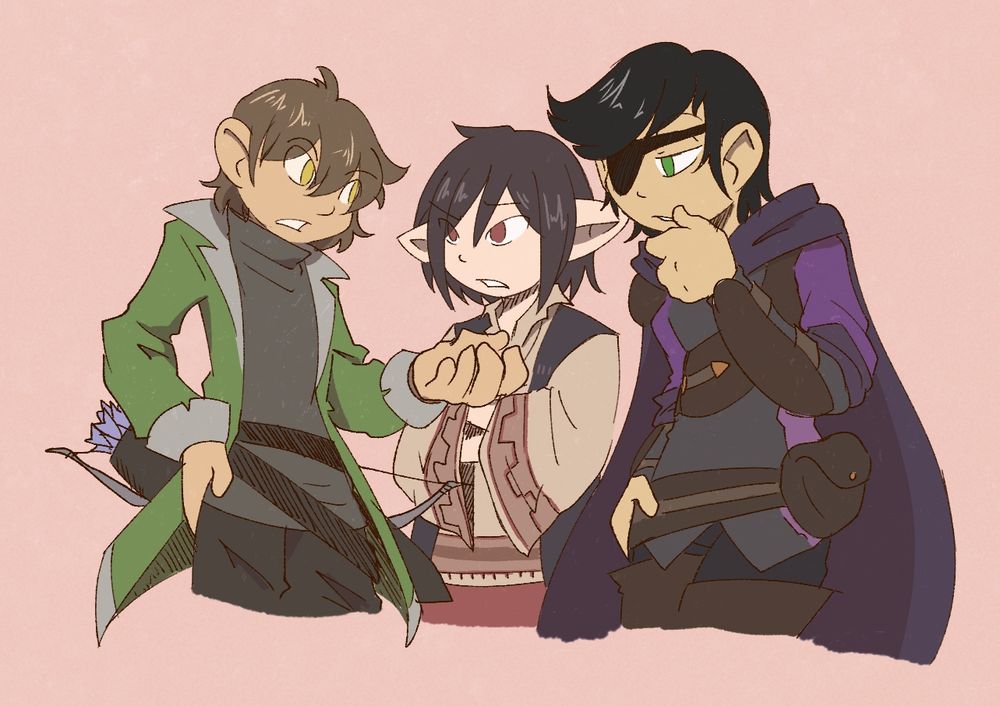 Three halflings (Reg, Cyrus, and Brand) all standing in a group together talking. 