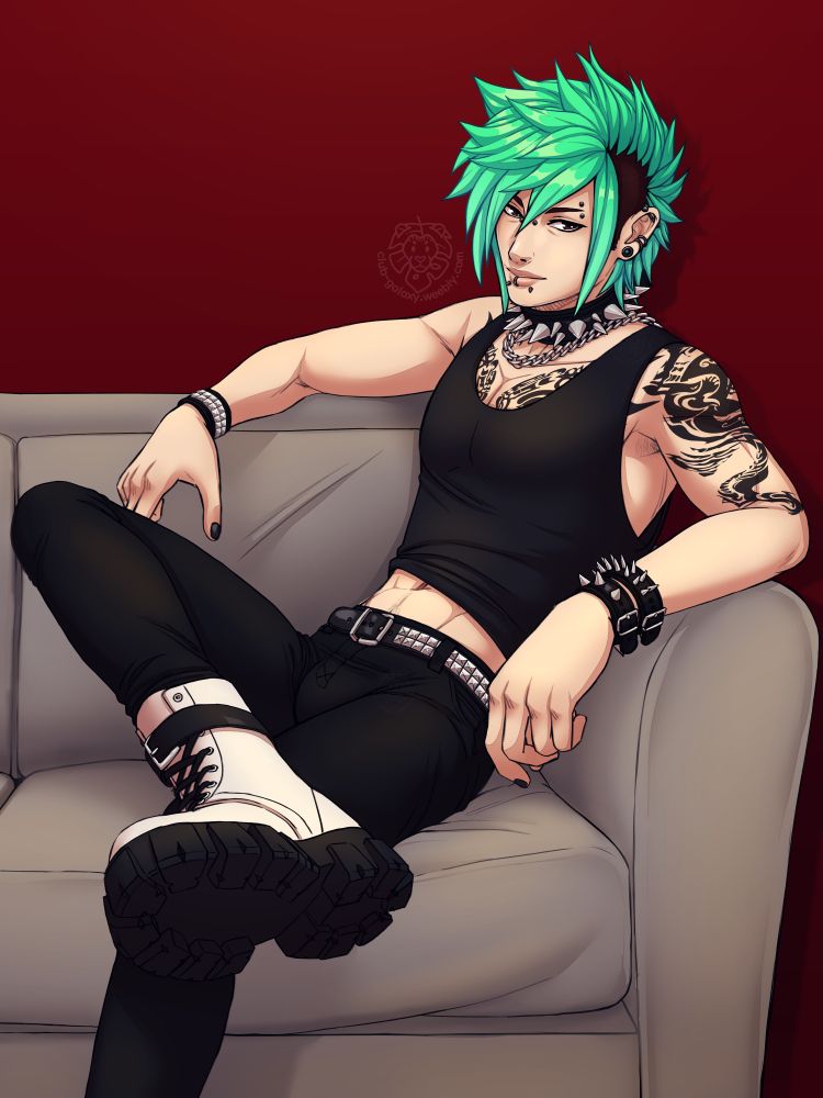 a human male character sitting on a couch and leaning back againt an art. he has a teal mohawk and multiple piercings as well as a large tattoo on one upper arm and across his chest. he is wearting a spiked collar