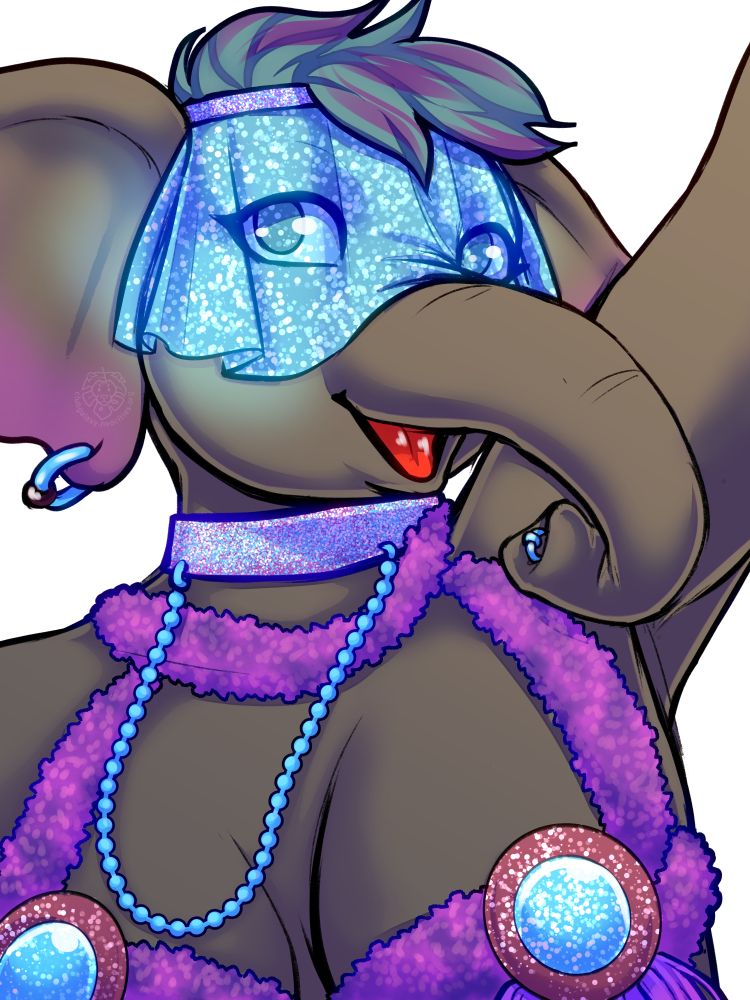 an anthro elephant character in a blue glitter veil and purple fluffy bra