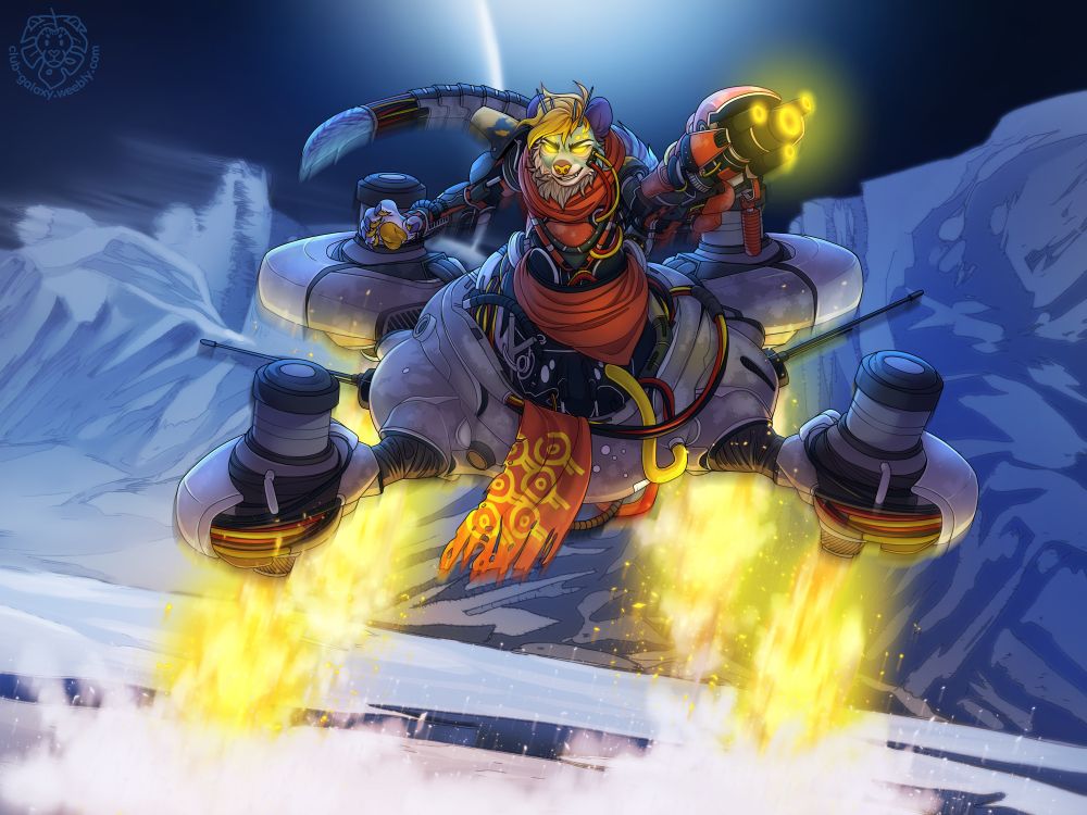 an anthro character styled to look like a destiny 2 character in a robotic chassis with fire jets enablimg movement adn a gun for a hand