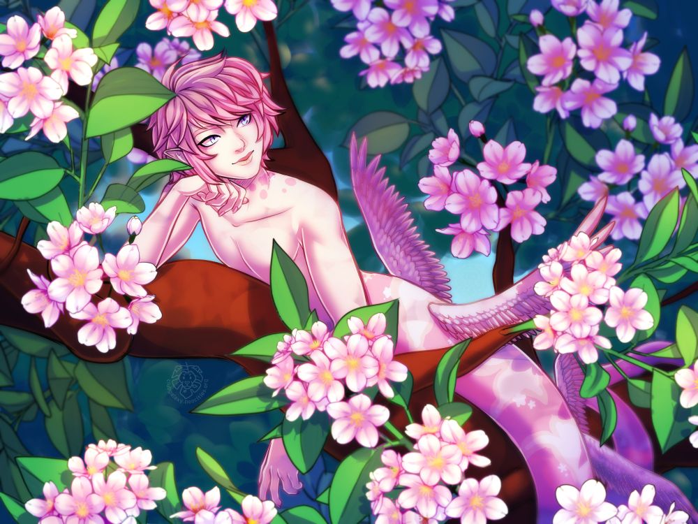 a small naga type deity character with wings on their snake tail laying on a branch in a sakura tree