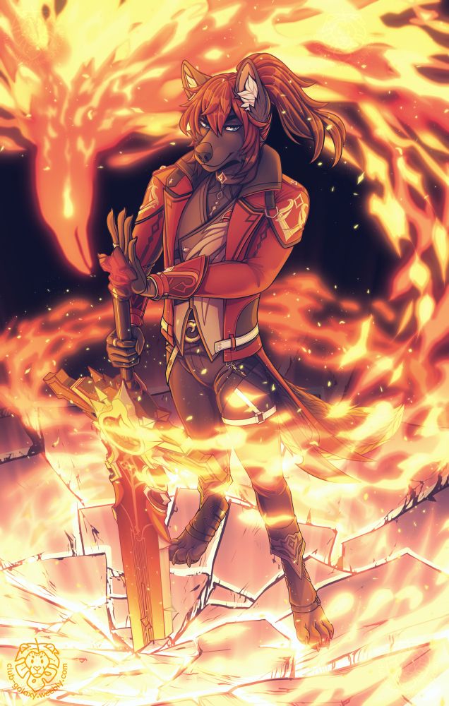 a high angle view of a black wolf with long red hair pulled back in a ponytail. they are holding a sword with one hand that is jammed into the cracked ground, their other hand is pressed against the pommel of the hilt. light is coming from between the cracks in the ground, and the character is surrounded with a large swirl of fire that ends in a flame bird head.