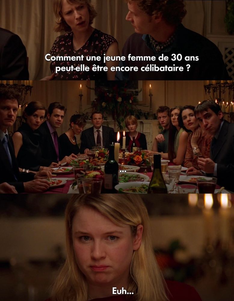 Trois séquences issues du film Bridget Jones. La première scène montre une discussion, une femme se pose la question de comment font les femmes pour être célibataires à 30 ans. La deuxième séquence montre des couples hétéro attablés pour dîner chic et qui regardent tous en même temps le même personnage. La deuxième scène est un gros plan du personnage de Bridget Jones qui est visée par le regard culpabilisant de tout ces couples.