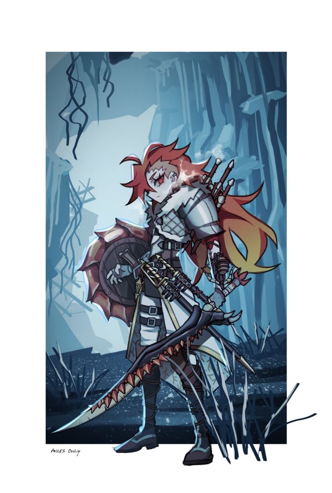 Hunter in the iceshard cliffs holding the Viperine Saber sword and shield
