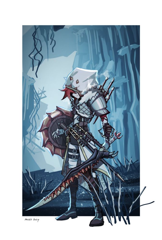 Hunter in the iceshard cliffs holding the Viperine Saber sword and shield (hood on)
