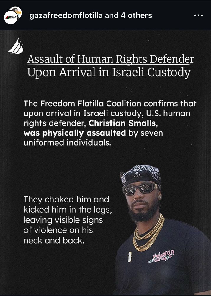 Infographic about Kris smalls a member of the Handala crew, which was a ship sailing to break the siege of Gaza being abducted by Israeli forces and assaulted. he is still in their custody.