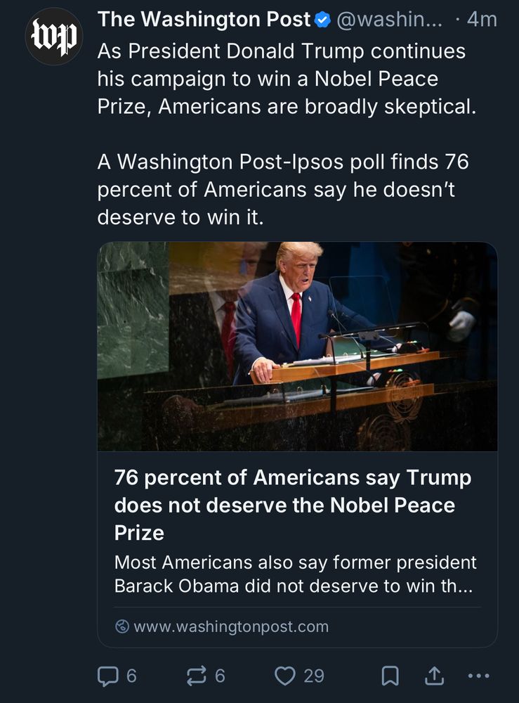 Washington post skeet that claims 76 percent of Americans don’t want the president to win the Nobel peace prize. 