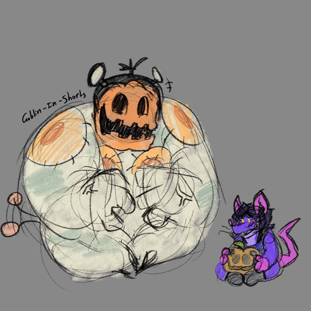 Sketch of my deltarune oc Cream Cheese showing a carved pumpkin to happy looking Jackenstein 