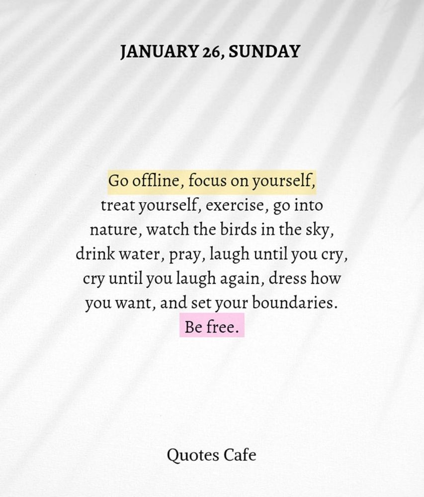 Screen shot of a quote that reads, “Go offline, focus on yourself, exercise, go into nature, watch the birds in the sky, drink water, pray, laugh until you cry, cry until you laugh again, dress how you want, and set your boundaries. Be free.”