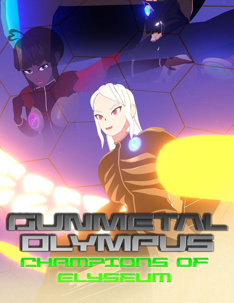 Cover of my Artbook Gunmetal Olympus Champions of Elyseum

Styx holding the Plouton Cannon, facing leftward.

Lower top right Hippolyta striking a pose with her small cape flowing in the air.

Center: Persephone in Styx' cockpit in an intense battle.

Bottom the title of the Book: Gunmetal Olympus Champions of Elyseum