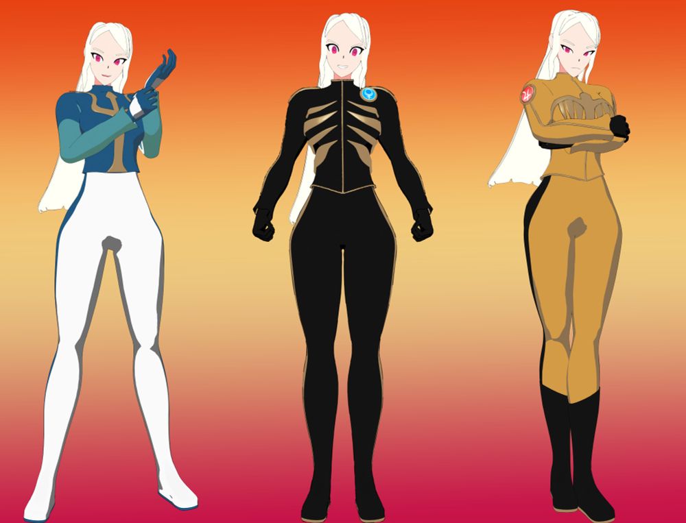 Persephone in Poseidon's uniform (left). Persephone in Hades' uniform (middle). Persephone in Zeus' uniform (right).