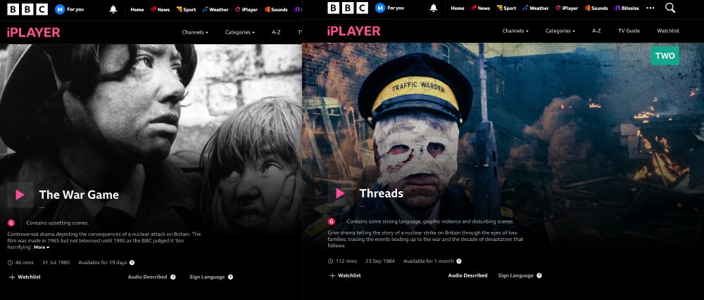 A screencap of two shows on the BBC iPlayer, both showing the effects of a hypothetical nuclear war on the United Kingdom - The War Game, and Threads.