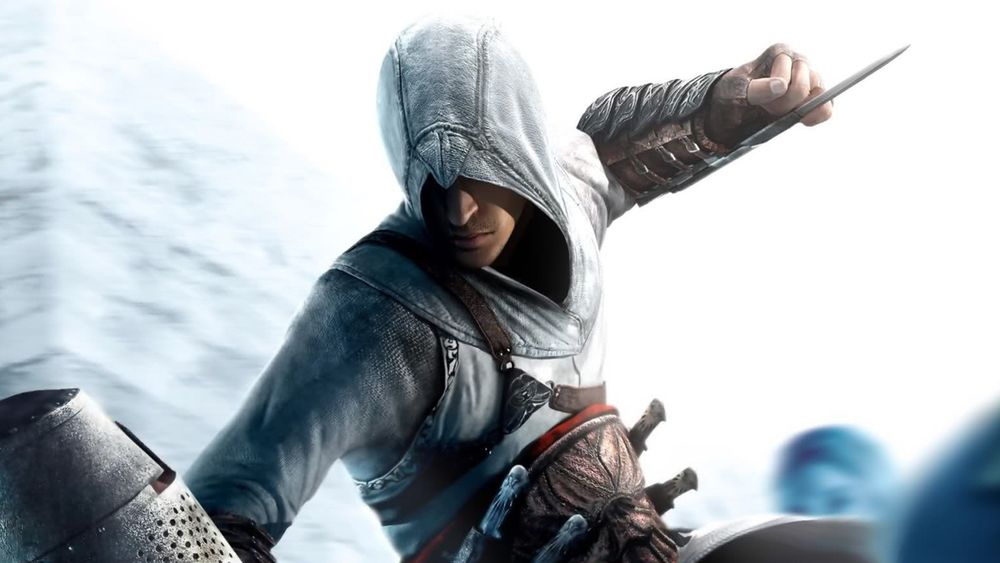 A promotional image from the first Assassin's Creed video game, showing the protagonist poised to stab his Knight Templar enemy with a wrist-mounted hidden blade.