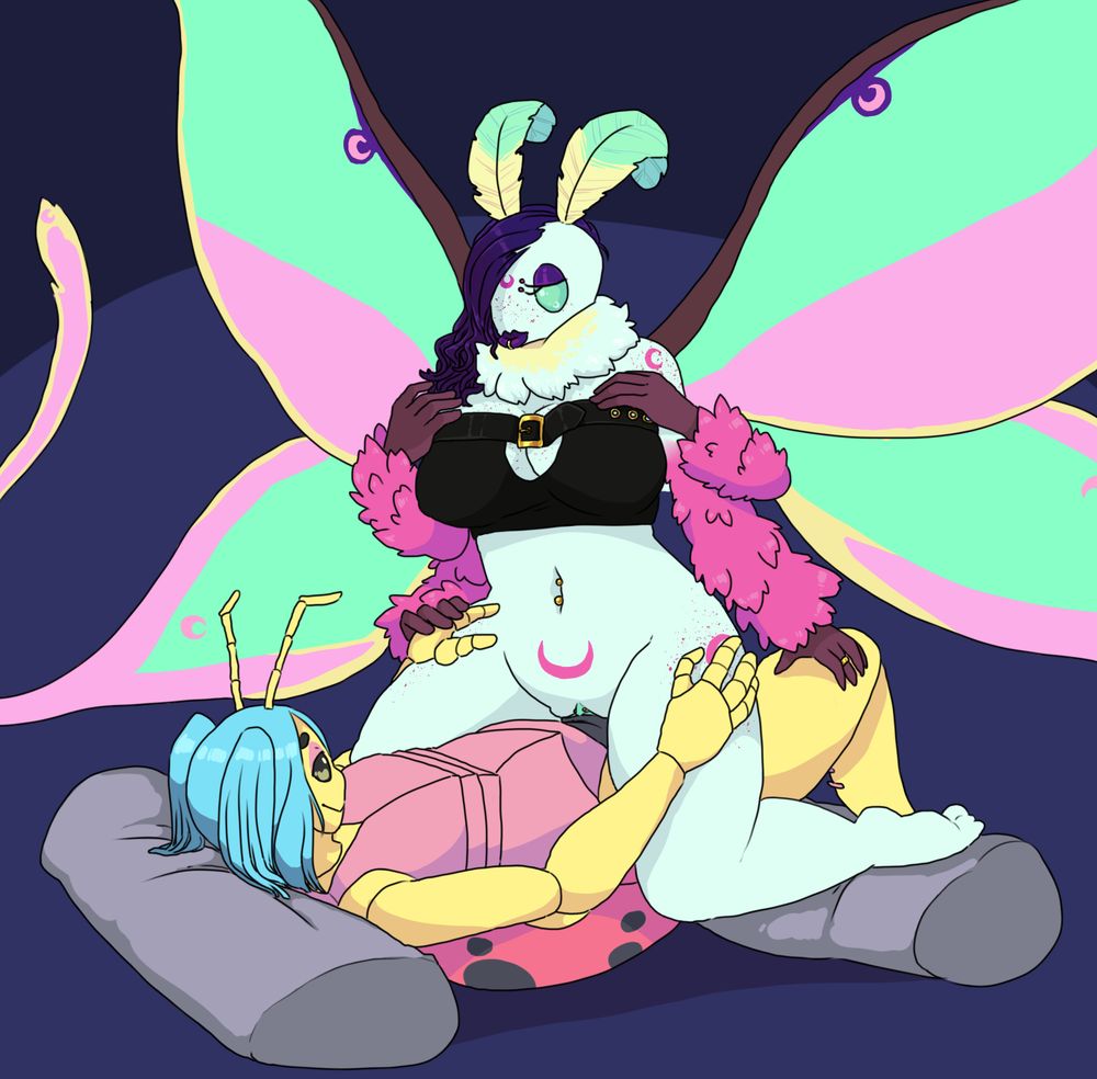 Fairley my ladybug laying some eggs into their big tiddy goth moth girlfriends pussy.